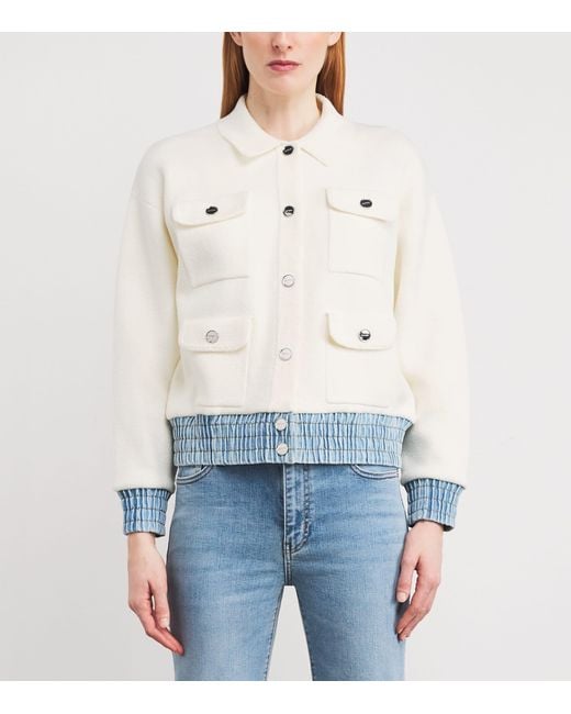 Sandro White Bouclé Denim-Trim Cardigan