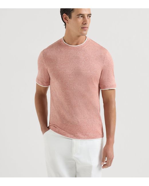 Brunello Cucinelli Pink Linen-Cotton Faux-Layered T-Shirt for men