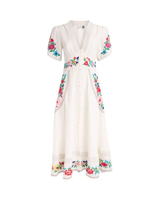 Rixo White Linen-Blend Embroidered Novara Midi Dress