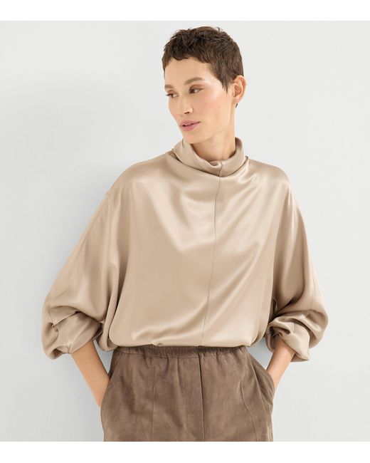 Brunello Cucinelli Natural Silk High-Neck Blouse