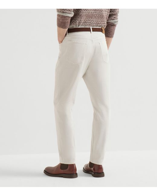 Brunello Cucinelli White Cotton Denim Five-Pocket Trousers for men