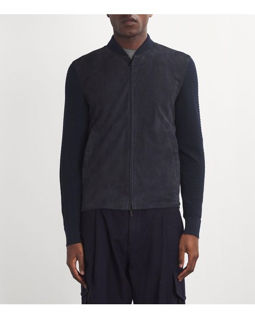 Giorgio Armani Blue Suede Virgin Wool-Sleeve Bomber Jacket for men