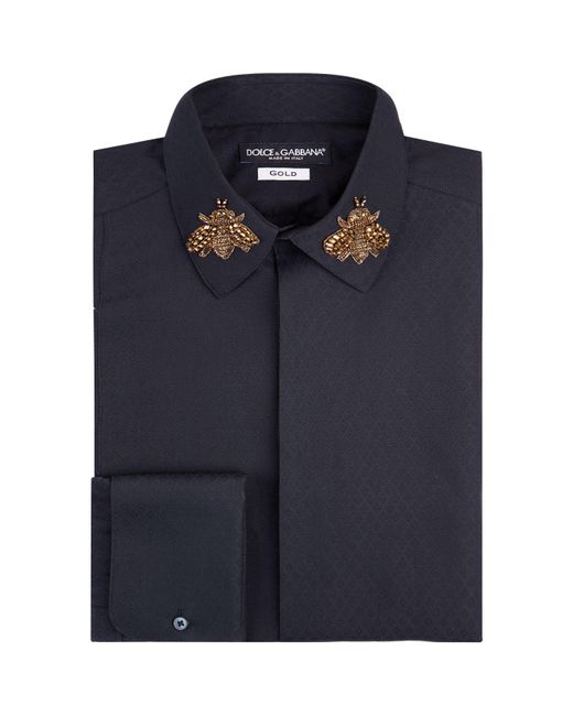 Dolce & Gabbana Blue Embellished Bee Collar Shirt for men