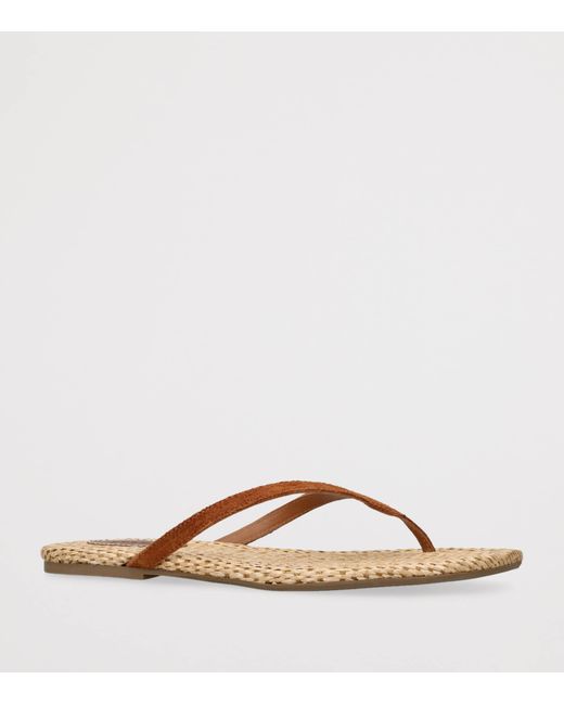 Staud Brown Suede-Raffia Freja Thong Flip Flops