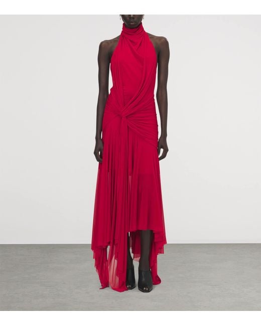McQueen Red Asymmetric Draped Maxi Dress