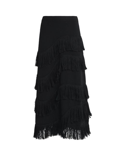 Ulla Johnson Black Fringe-Detail Mirena Midi Skirt
