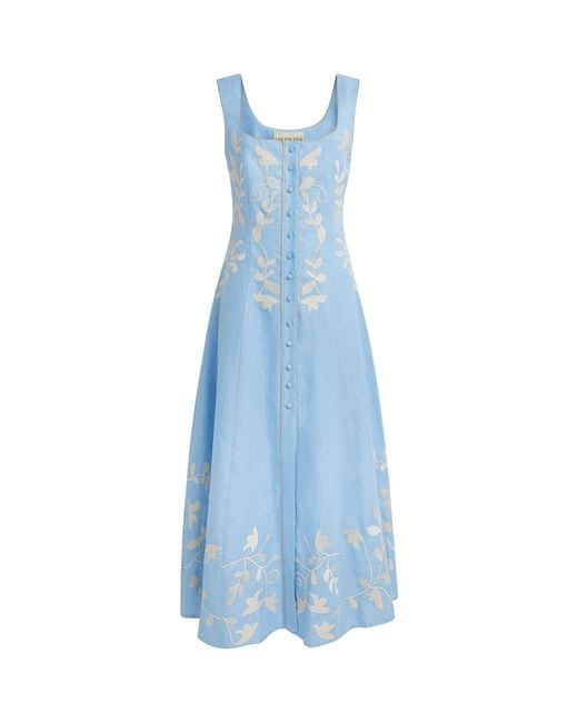 Lug Von Siga Blue Linen Embroidered Mila Midi Dress