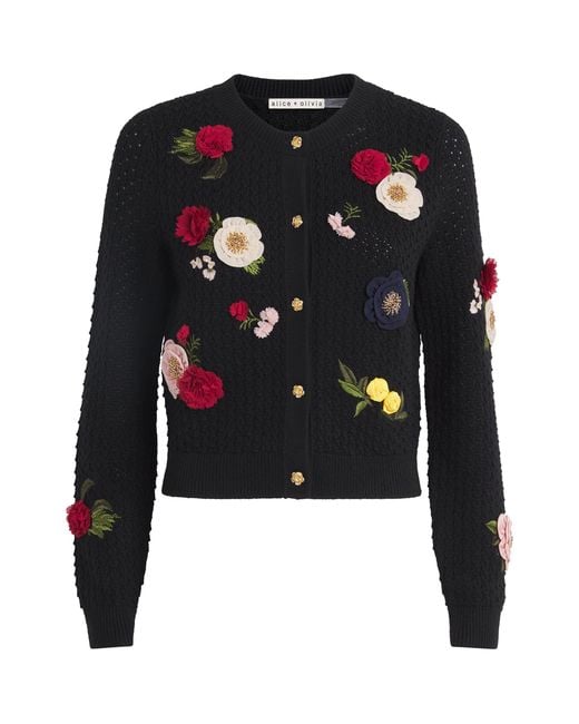 Alice + Olivia Black Dollie Floral Crewneck Cardigan