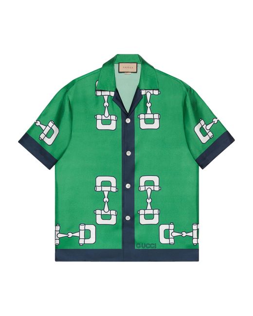 Gucci Green Silk Horsebit Print Shirt