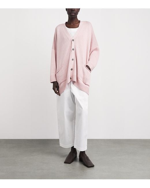 Eskandar Pink Linen-Organic Cotton V-Neck Cardigan