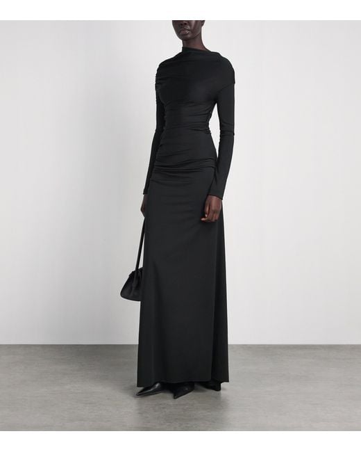 Victoria Beckham Black Gathered Shoulder Drape Long-Sleeve Gown