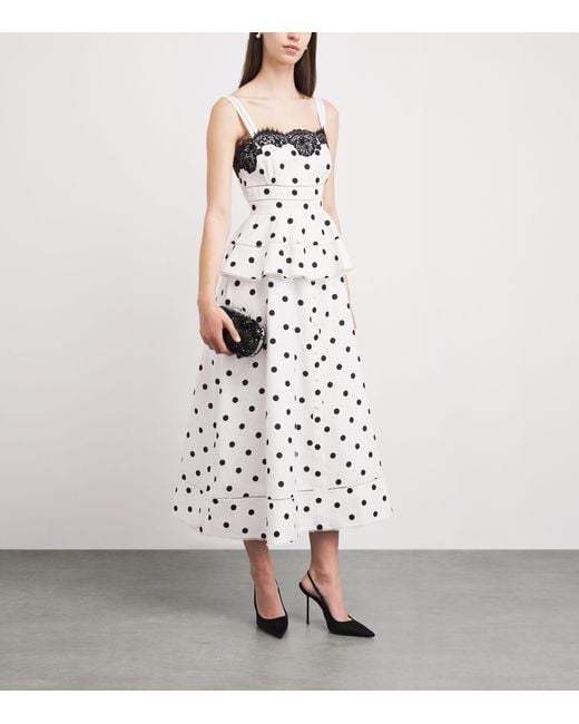 Self-Portrait White Linen-Cotton Polka Dot Midi Dress