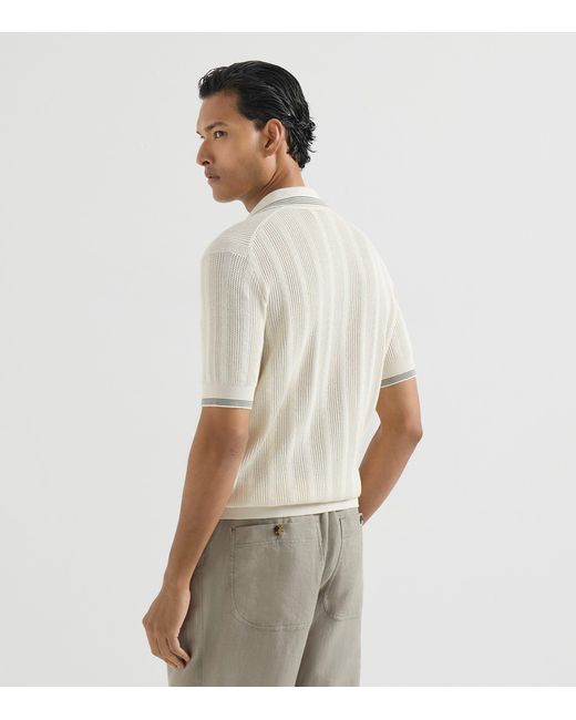 Brunello Cucinelli White Cotton Rib-Knit Polo Shirt for men