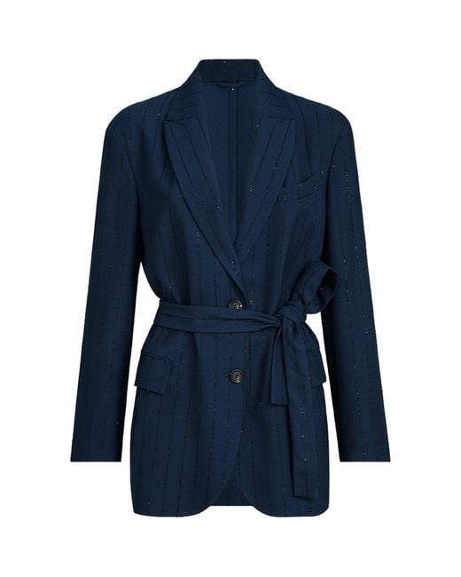 Brunello Cucinelli Blue Chalk Stripe Belted Blazer