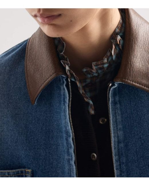 Prada Blue Leather-Collar Cropped Denim Jacket