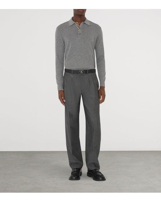 Burberry Gray Wool Check-Detail Long-Sleeve Polo Shirt for men