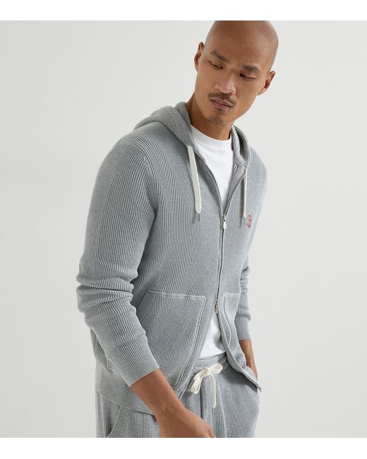 Brunello Cucinelli Gray Cotton Ribbed Zip-Up Hoodie for men