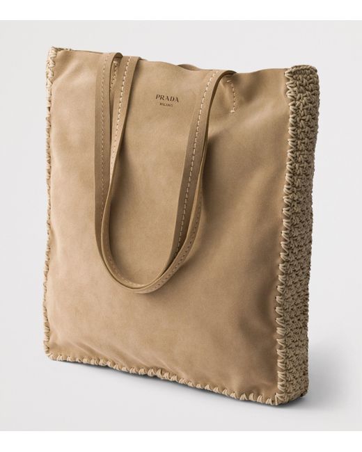 Prada Natural Large Suede And Crochet Tote Bag