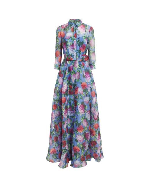 Carolina Herrera Blue Silk Floral Maxi Shirt Dress