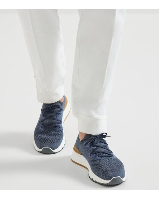 Brunello Cucinelli Blue Cotton-Blend Chiné-Knit Sneakers for men