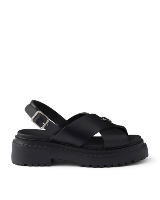 Prada Black Leather Crossover Platform Sandals 55