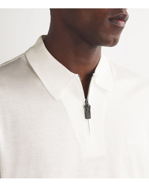 Brioni White Cotton Zip-Up Polo Shirt for men