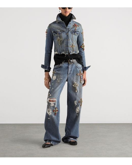 Dolce & Gabbana Blue Embellished-Cross Denim Jacket