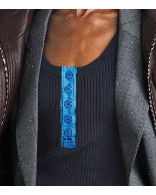 Sandro Blue Rib-Knit Contrast-Placket Tank Top