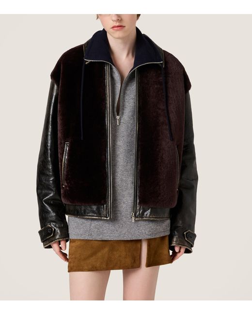 Miu Miu Black Leather Shearling-Trim Jacket