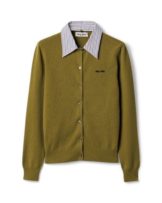 Miu Miu Green Cashmere Detachable-Collar Cardigan
