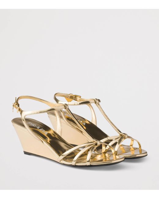 Prada Metallic Leather Wedge Sandals 55