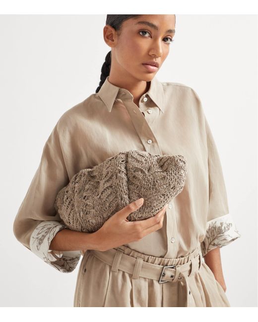 Brunello Cucinelli Brown Linen-Blend Marina Clutch Bag