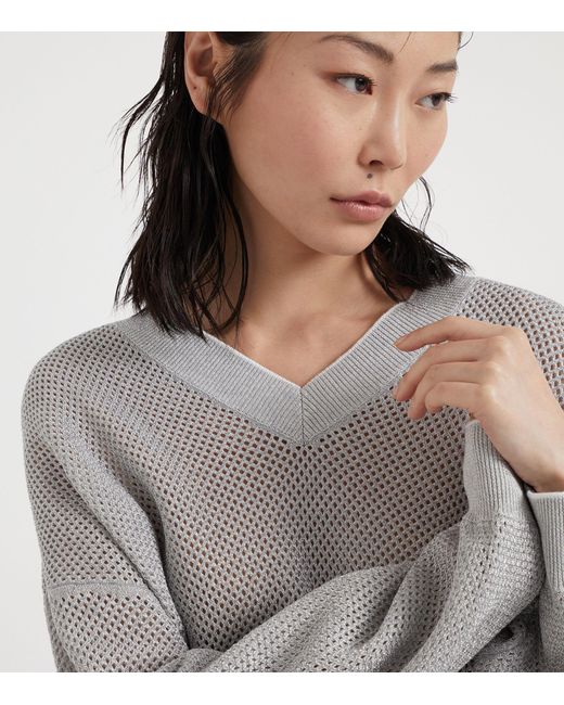 Brunello Cucinelli Gray Cotton Net V-neck Sweater