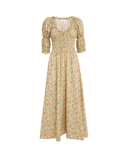 Doen Natural Silk Chrysanthemum Sky Floral Ischia Midi Dress