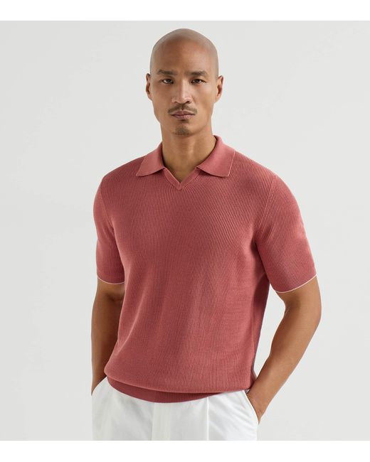 Brunello Cucinelli Pink Cotton Rib-Knit Polo Shirt for men