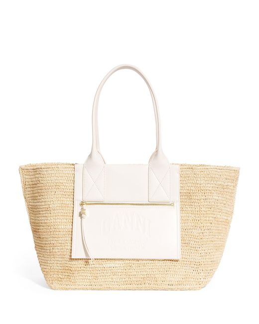 Ganni Natural Medium Raffia-Leather Tote Bag