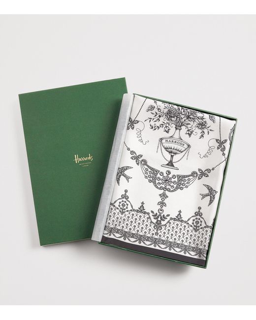 Harrods White Silk Lace Print Scarf