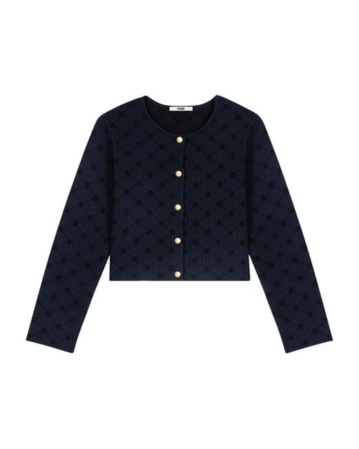 Maje Blue Embellished Jacquard Cropped Cardigan