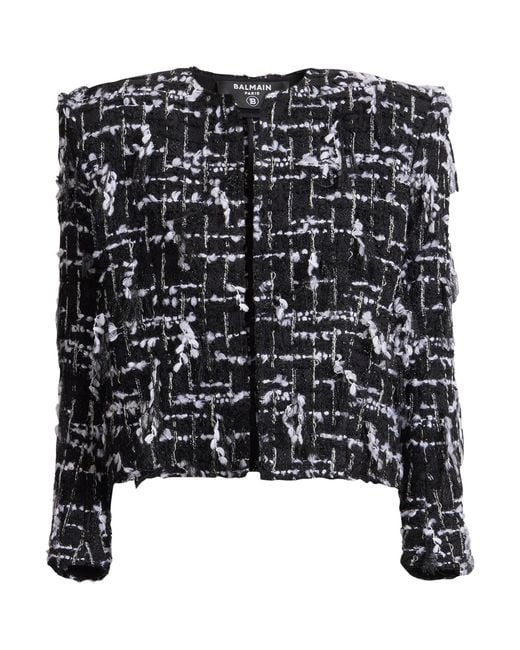 Balmain Black Frayed Tweed Cropped Jacket