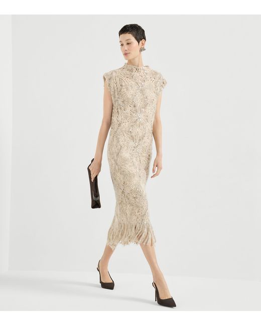 Brunello Cucinelli Natural Mohair-Blend Embellished Midi Dress