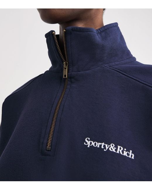 Sporty & Rich Blue Cotton Logo Quarter-Zip Sweatshirt