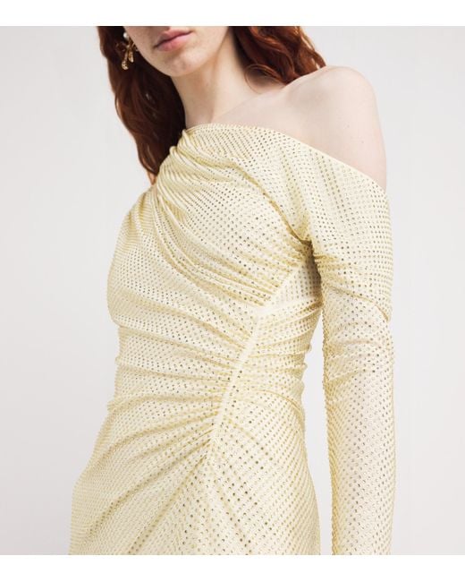 Self-Portrait Natural Rhinestone One-Shoulder Midi Dress