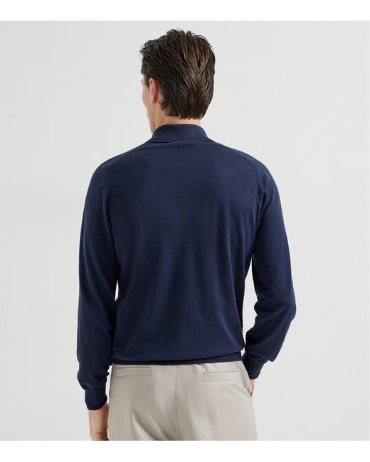 Brunello Cucinelli Blue Cotton Polo Sweater