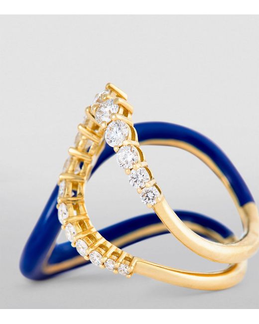 Melissa Kaye Blue Yellow Gold, Diamond And Enamel Aria Ring