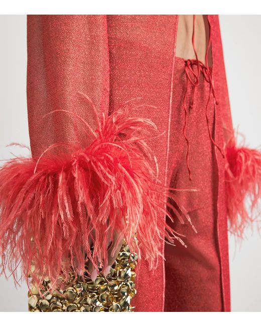 Oseree Red Feather-Trim Maxi Kaftan Dress