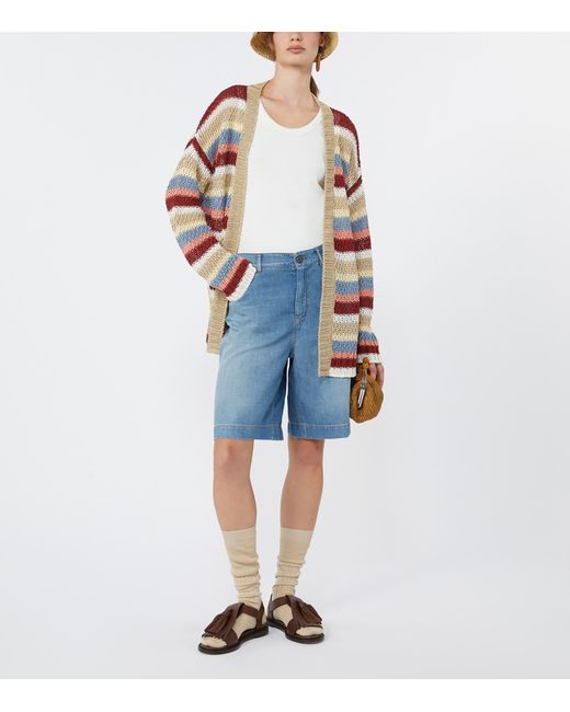 Weekend by Maxmara White Linen Open-Knit Stripe Cardigan