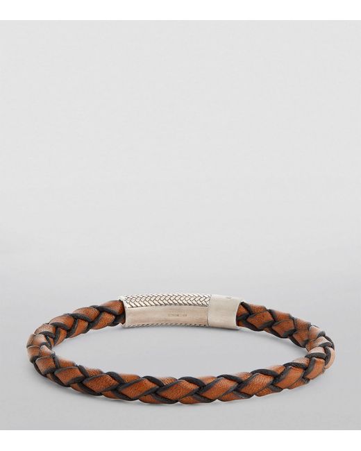 Tateossian Brown Rhodium-plated Leather Braided Bracelet for men