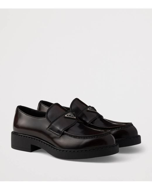 Prada Black Leather Brushed Triangle Loafers for men