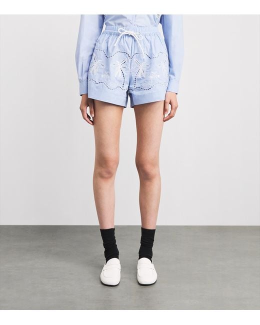Sandro Blue Cotton Embroidered Open-Work Shorts