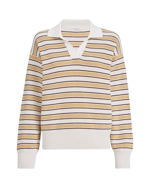 Brunello Cucinelli White Cotton-Blend Stripe Polo Sweater